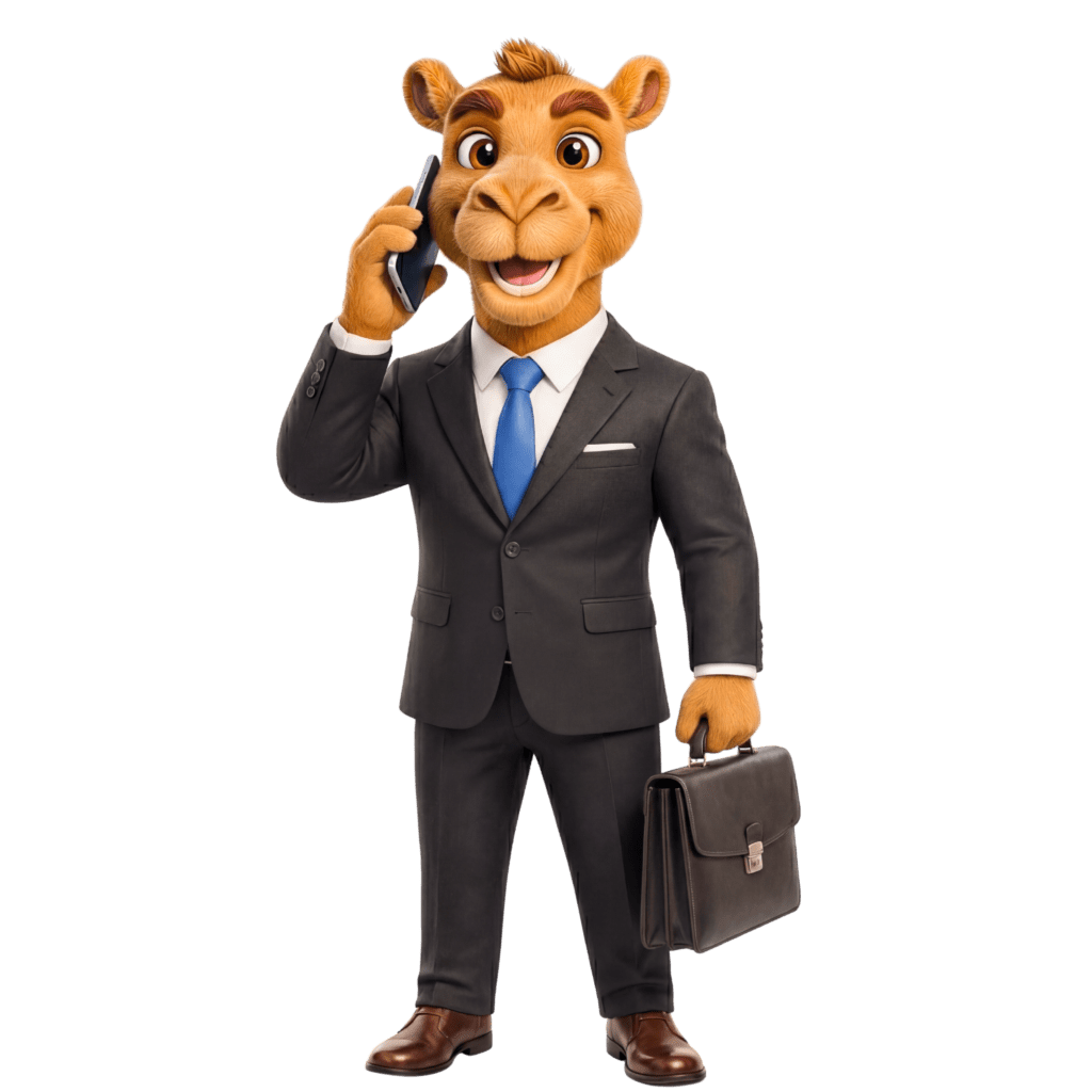Zayn, the InsurancePolicy.ae camel mascot, wearing a navy suit and blue tie.
