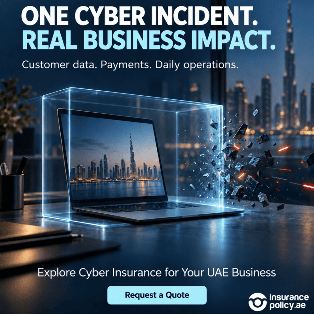 Laptop inside a glowing protective glass enclosure with Dubai’s skyline behind it, illustrating cyber insurance for UAE businesses.